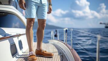 A preppy and polished style featuring a collared polo seerer shorts and leather boat shoes. Perfect for a yacht club luncheon with the gentle rocking of the yacht adding t photo