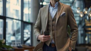 A sophisticated blazer with hidden pockets equipped with wireless charging capabilities for your phone while attending a conference in a modern convention center photo