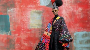 A floorlength coat with exaggerated bell sleeves and a bold abstract print worn over a sleek black jumpsuit and accessorized with a geometric headpiece and avantgarde sungles photo