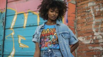 A bold and colorful graphic tshirt tucked into highwaisted mom jeans layered with a vintage denim jacket and chunky ankle boots for a grungeinspired 90s meets 70s look photo