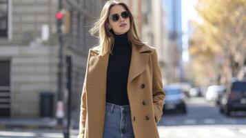 A tailored camel coat paired with a black turtleneck and straightleg jeans creating a minimalistic fall look that is both stylish and comfortable photo