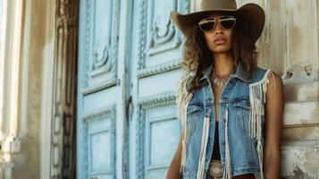 A westerninspired look with a denim vest fringe skirt and a cowboy hat photo