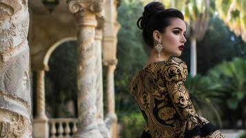 A gl evening look with a gold and black baroque print dress and sparkling statement earrings. The ornate architecture and lush greenery of a botanical garden provide a stunnin photo