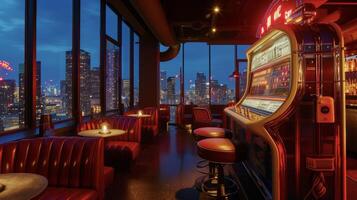 Background A hip rooftop bar where the city lights illuminate the night sky and the jukebox plays Jerry Lee Lewis Great Balls of Fire photo