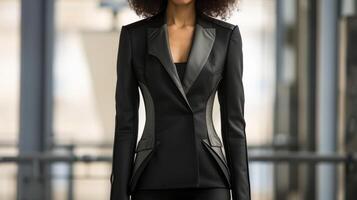 A structured blazer with angular shapes and metallic accents mirroring the sleek and futuristic architecture of a bustling metropolis photo