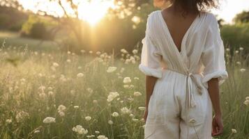 un clásico blanco lino camisa metido dentro cintura alta lino culottes y emparejado con un cuerda cinturón y minimalista sandalias un eterno Mira Perfecto para un de inspiración zen picnic en un tranqui foto