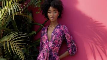This tropical print jumpsuit is the perfect mix of elegance and adventure featuring a bold magenta and purple floral pattern photo