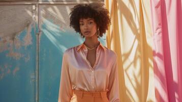 A loosefit silk blouse in a soft tone can be paired with highwaisted trousers for a sophisticated and relaxed aesthetic. Accessorize with dainty gold jewelry and slingbac photo