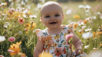 A colorful and playful romper featuring a mix of large and small floral patterns. Perfect for a day of exploring a charming countryside town surrounded by rolling hills an photo