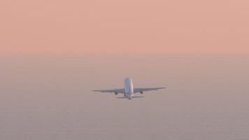 vliegtuig met onherkenbaar kleurstelling beklimming in roze lucht, achterzijde visie. silhouet vliegtuig vliegen. reizen concept video