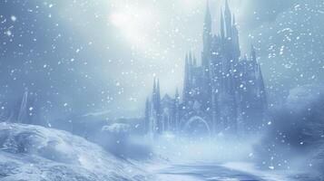 Background A beautiful ice palace with snow falling gently in the background photo