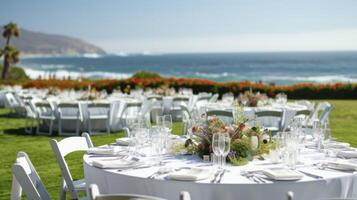 Background A breezy outdoor banquet with white linencovered tables and a view of the rolling waves photo