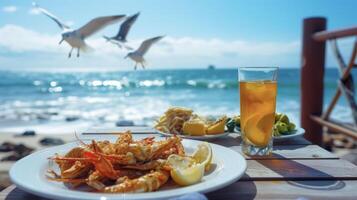 antecedentes disfrutando un delicioso Mariscos almuerzo en un paseo marítimo con el sonido de gaviotas y Oceano olas en el antecedentes foto