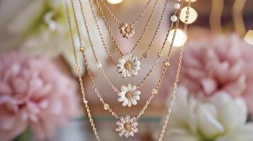 A romantic touch with delicate flower pendants on each chain creating a whimsical and feminine layered necklace ensemble photo