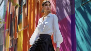 A crisp white buttondown shirt tucked into a midi skirt with a unique asymmetrical hemline finished off with a pair of statement earrings and spy sandals. This look is perfec photo