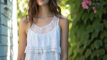 A basic knit tank top is given a playful update with layers of ruffles and intricate lace detailing adding a touch of whimsy to your everyday look photo