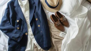 un ligero lino chaqueta de sport en un clásico Armada azul emparejado con un blanco abotonar camisa caqui pantalones cortos y barco Zapatos para un agudo y pijo playa formal Mira foto