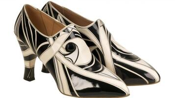 A pair of spy heels with a contrasting black and white design and metallic accents embodying the bold and graphic style of Art Deco design photo