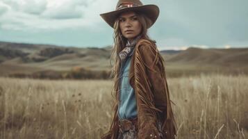 A fusion of nomadic and western styles with a suede fringe jacket denim shirt and printed bandana paired with a flowy tribal print skirt and cowboy boots perfect for a wil photo