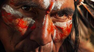 un nativo americano hombre pintura su cara con natural pigmentos simbolizando fuerza y valor foto