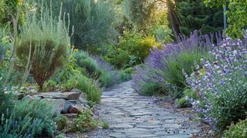 A romantic walk through a tranquil garden fragrant with lavender and eucalyptus photo