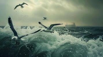 A of seagulls fly in formation over the ocean their cries echoing across the water photo