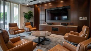 The waiting area is adorned with plush leather chairs and a large flat screen TV creating a comfortable and masculine atmosphere for clients photo