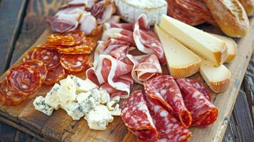 un sencillo aún elegante comida de curado carnes quesos y crujiente panes servido en un de madera tablero recordativo de europeo picnics foto