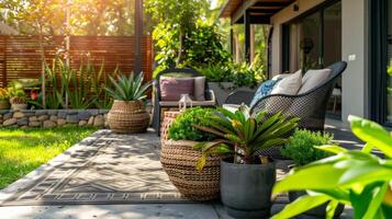 A tranquil outdoor space with neatly arranged potted plants and a comfortable seating area providing a peaceful escape from the chaos of daily life photo