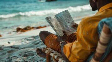 un hombre a el playa utilizando su falta del tiempo a leer un artículo en un de los hombres salud revista acerca de el importancia de cuidados personales y relajación foto