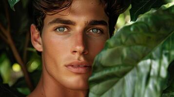 A male model with a flawless complexion surrounded by lush greenery highlighting the natural and organic ingredients used in these luxury skincare brands photo