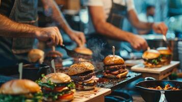 A group of men gathered around a DIY burger bar for a grill masters themed night where they can customize their own burgers and compete for the title of best burger photo