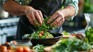 The man adds a generous handful of leafy greens to his dish knowing that dark leafy vegetables are packed with essential vitamins and minerals photo