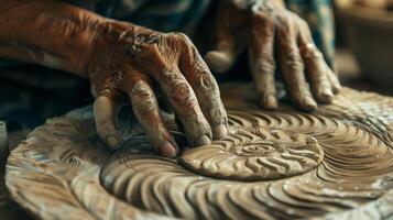 un alfareros manos cuidadosamente grabando intrincado diseños sobre un arcilla superficie exhibiendo el nivel de atención y concentración necesario en el consciente de Arte de cerámica haciendo foto