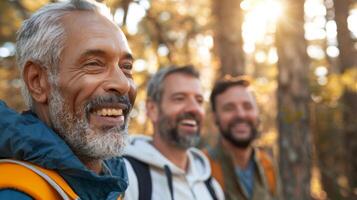 un naturaleza caminata con un grupo de hombres disfrutando el Fresco aire y al aire libre ejercicio foto