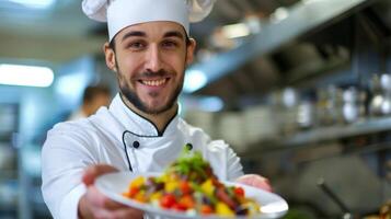 A male chef proudly displaying a dish made entirely with locally sourced ingredients photo