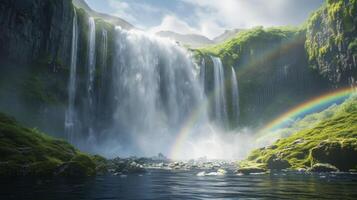 Background A picturesque waterfall with mist and rainbows creating a magical atmosphere photo