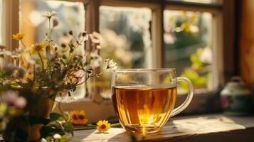 A soft breeze rustles through the window carrying with it the scent of fresh flowers to complement the teas flavor photo