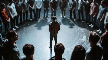 One man standing in the middle of the room surrounded by a circle of other men as they learn a choreographed routine together photo