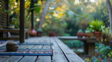 A picturesque outdoor deck overlooking nature where men can relax and focus on their breathing after a rigorous yoga session photo