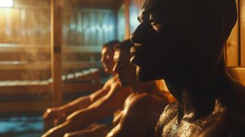 A sauna room with a group of men relaxing and detoxifying after a tough workout session photo