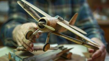 Closeup of a completed model airplane in the mans hand the intricate details and precision evident photo