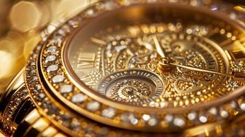 A timepiece with intricate gold detailing glimmers under the light a symbol of wealth and opulence photo