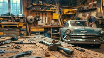 Old car parts and tools are tered on a workbench as the men work tirelessly to make progress on their restoration project photo