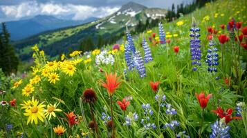 un lozano vibrante prado es lleno con flores silvestres de cada color atractivo un persona a tomar un sin prisa paseo y respirar en el Fresco fragante aire foto