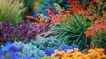 el colores de el jardín mezcla juntos armoniosamente creando un visualmente calmante escena foto
