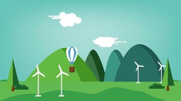 windmills and air balloon in the beautiful landscape. pop up animation video