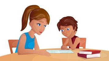 Mom and boy are sitting at the table and doing their homework. Training concept. vector