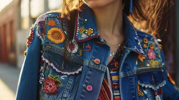 A classic denim jacket updated with handsewn patches and intricate beadwork perfect for a casual yet stylish weekend look photo