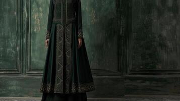 A structured floorlength coat in a rich dark green crafted from handwoven silk and adorned with handstitched details resembling a majestic forest photo